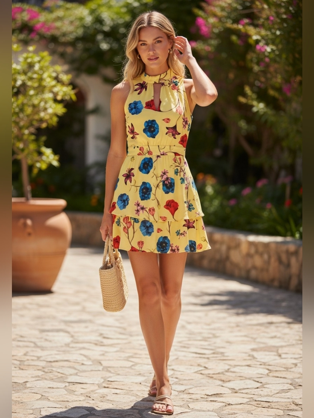 Parker Yellow Floral Sleeveless Tie Neck Summer Resort Cocktail Mini Dress M NWT
